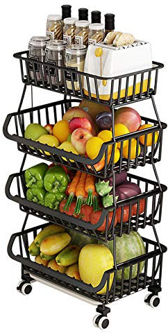 BRIAN & DANY Cestas de Frutas y Verduras Colgantes con Rueda-Organizador de La Cesta, 5 pcs S-Hooks y Pizarras Extraíbles, Verdulero Apilable Cocina de 4 Niveles, Negro