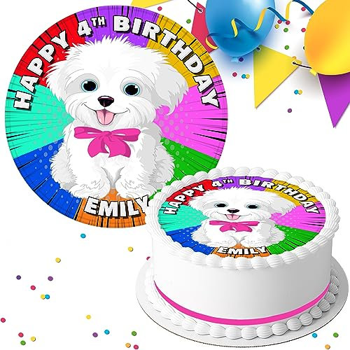 COLOURFUL CUTE WHITE DOG HAPPY BIRTHDAY PERSONALISED 7.5 INCH EDIBLE ICING CAKE TOPPER DECORATION SV040