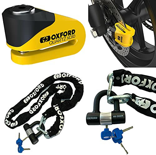 Oxford Security Quartz XD10 Disc Lock 10mm pin Yellow + Oxford HD Chain 1.5 metre Black (Yellow Black)