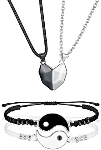 KALVICA 4 Stück Herz Puzzle Anhänger Halskette für Herren Damen Yin Yang Paar Halskette Armband Set Magnet Paar Attraction Halskette Geschenk für Weihnachten Valentinstag