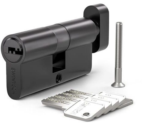 Bwintech 1 Pcs 30T/30mm Euro Cylindre en laiton, 60mm Thumbturn/Key Barrel Lock avec 5 clés horizontales en laiton,anti-crochetage, anti-perçage, anti-claquement, anti-choc,noire