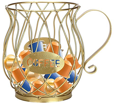 DRYEN Porta cialde da caffè e organizer per tazze, cestello porta cialde da caffè, supporto per tazze da caffè, in metallo, per bar, bar, colore: oro