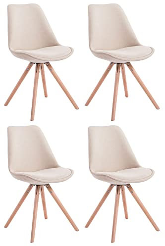 CLP 4er Set Retro-Stühle Toulouse Rund Mit Stoffbezug Und Sitzpolster I Lehnstühle Mit Stabilem Holzgestell, Farbe:Creme, Gestell Farbe:Natur