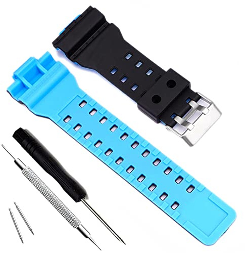 MyTime OliBoPo Natural Resin Replacement Watch Band Strap for Casio Mens G-Shock GD120/GA-100/GA-110/GA-100C (Black+Light Blue)