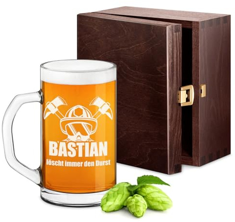 Maverton Bierkrug mit Gravur personalisiert, klassisches Bierglas 640 ml | Bierseidel für Männer, Bierhumpen für Biertrinker, Maßkrug zum Geburtstag, Weihnachtsgeschenke, Feuerwehrmann