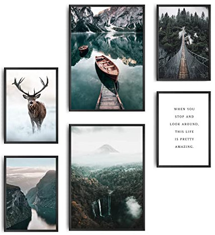 decomonkey | 6er Poster Set OHNE Bilderrahmen | Natur Landschaft | 4 x DIN A4 & 2 x DIN A3 | Wohnzimmer Schlafzimmer Wandposter Blider Collage Modern Wanddeko Berglandschaft Wald Tiere Sprüche