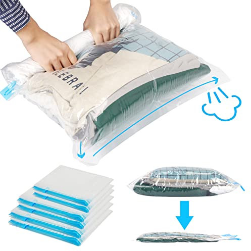 Skycase 6 Pack Space Saver Bags - Reusable Vacuum Storage, Waterproof Compression Packing Organisers for Travel & Home, No Pump Needed, Transparent
