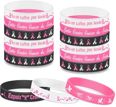 DPKOW Octobre Rose Bracelets en Silicone, 15 Français Bracelets de Sensibilisation au Cancer du Sein Octobre Rose Ruban Accessoires Fournitures Octobre Rose Activité Cadeau, Espoir Croire Luttent