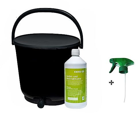 Bokashi Eimer Organko 15,3 l Essential schwarz, inklusive Garten- und Bodenaktivator 1 Liter mit Sprühaufsatz EMa
