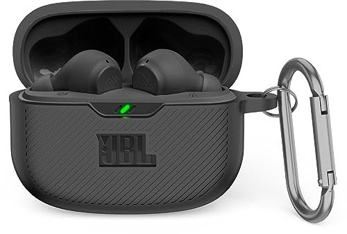 MOWYEOK Silikon Hülle kompatibel mit JBL Vibe Beam/JBL Wave 200TWS, Tragbare Kratz und stoßfeste Silikonhülle, Front LED sichtbar, für JBL Vibe Beam Gehäusezubehör, mit Karabiner - Schwarz