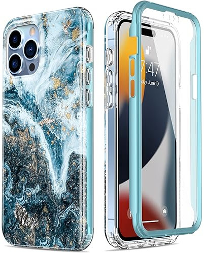 Esdot for iPhone 15 Pro Case with Built-in Screen Protector,Ultimate Durable Cover with Fashionable Designs for Women Girls,Stylish Protective Phone Case 6.1 Opal Marble Teal