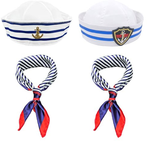 SKHAOVS 4 Stück Streifen Matrosen Hut and Matrosen Halstuch Set,Roter Blauer Quadratischer Schal Matrosen Yacht Hut,Kapitän Mütze,Marine Outfit für Matrosen Cosplay Partys Halloween (4 PCS)