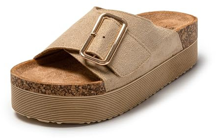 JOMIX Plateau Pantoletten Damen mit Fussbett Sandalen Sommer Badelatschen Leicht Clogs Weit Sommerschuhe (Beige, 40 EU, SD9168)