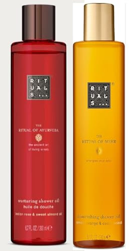 Rituals of Mehr, olio doccia all'arancia dolce e legno di cedro e ayurveda olio doccia alla rosa indiana, 200 ml