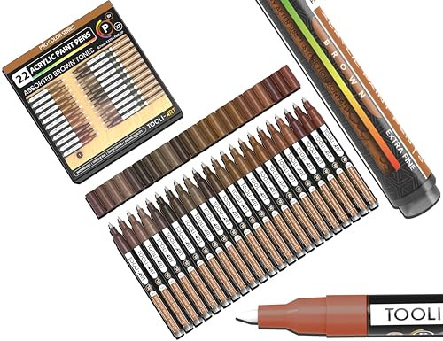 Acrylic Paint Pens 22 Brown Tones Assorted Pro Colour Series Markers Set 0.7mm Extra Fine Tip for Rock Painting, Glass, Mugs, Wood, Metal, Canvas, Projects, Non Toxic, Waterbased, Quick Drying