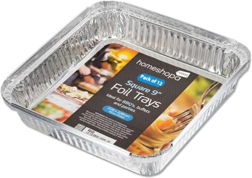 HOMESHOPA Aluminium Foil Trays Without Lids, 12 Pack 9 X 9 Inch Square Disposable Tin Foil Containers, Best for Meal Prep, Food Storage, Baking, Broiling, Roasting