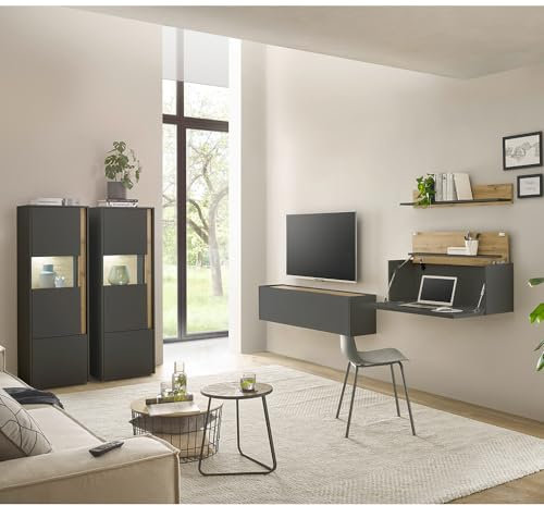Lomadox Wohnzimmer Set mit Homeoffice-Lösung anthrazit mit Eiche 5-teilig modern, 1 Vitrine, 1 TV-Hängeschrank, 1 Wandregal, 1 Hängesekretär