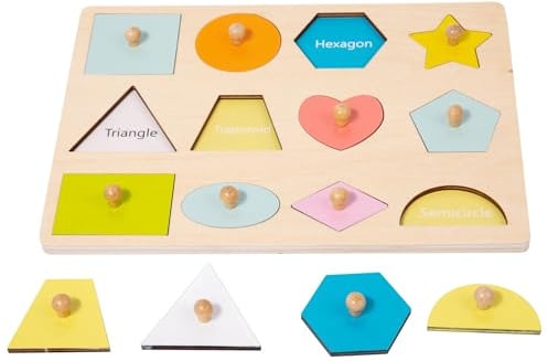 Adena Montessori Holzpuzzle für Babys 12–24 Monate,Formsortierer für Kleinkinder ab 1–3 Jahre – Farben & Formen Sortierspiel, Motorikspielzeu(12 Geometrische Formen)