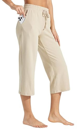 WILLIT Damen Caprihose Baumwolle Yoga Capri Casual Lounge Hose Weites Bein Workout Sporthose Jogginghose mit Taschen 20 Khaki XL