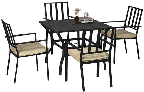 Outsunny 5 Pieces Garden Dining Set with Cushions, Outdoor Patio Table and 4 Stackable Chairs, Metal Top Table with Umbrella Hole, Black