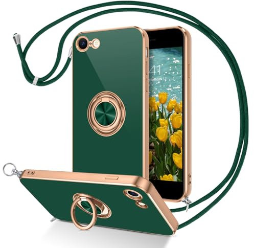 DUEDUE für iPhone SE/8/7 Hülle mit Band 2020/2022, Handykette mit 360 Grad Ring, Stoßfeste Handyhülle, Soft Silikon TPU Mit Ring, Grün