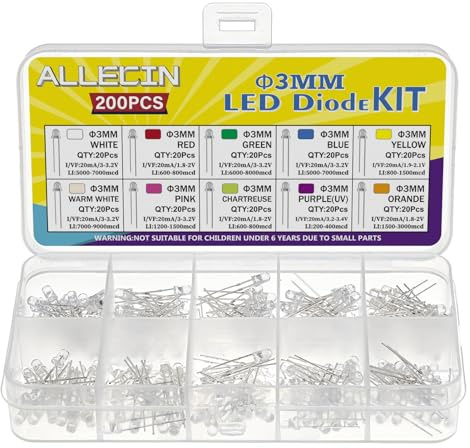 ALLECIN 10 Farben 3MM Leuchtdioden LED Diode Leuchtdiode Set Rot Blau Grün Gelb Weiß Warmweiß Orange Rosa Lila Chartreuse Led Dioden 2 Pin Transparenter Rundkopf Led-dioden Kit (20 Stück pro Farbe)