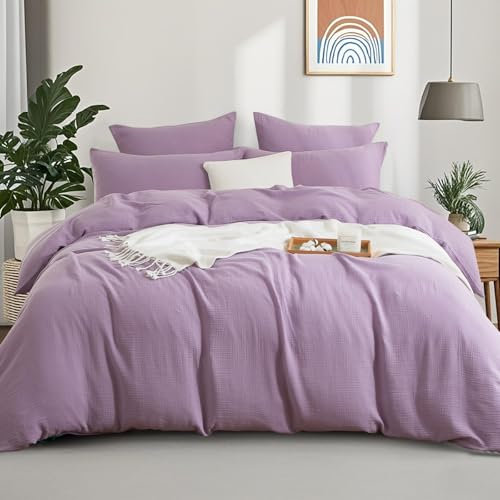 Boqingzhu Muslin Bettwäsche Lila 200x220cm Baumwolle Weich Kuschelig Sommer Baumwollbettwäsche Set Leinen Violett Bettbezug 200x220cm und 2 Kissenbezüge 80x80cm mit Reißverschluss