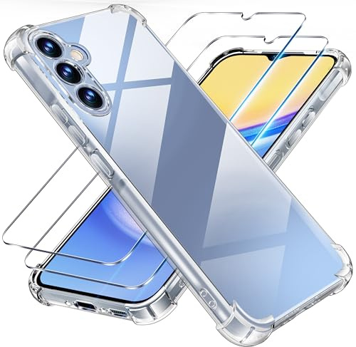 Tentoki 3 en 1 Verre Trempé et Coque pour Samsung Galaxy A15 5G / A15 4G, [Coussin d'air Intégré] Anti-Jaunissement Souple TPU Bumper Coque Protection pour a15 Samsung 4g / 5g, Transparente