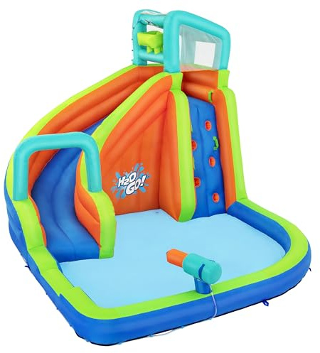 Bestway Mega-Wasserpark Turborutsche, 365 x 320 x 270 cm, Polyester mit PVC-Beschichtung, ab 5 Jahren, Dauergebläse, Rutsche, Kletterwand, Wasserkanone, Poolbereich, Netzwände, Tasche, GS-zertifiziert