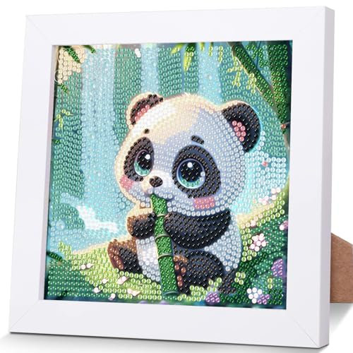 luckyarina Panda Diamond Painting Kinder mit Rahmen- Tiere Diamant Painting Bilder kinder, 5D Diamond Painting für 8 9 10 11 Jahre 18X18CM