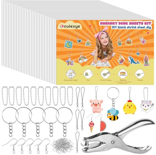 Bouiexye 156 Stück Schrumpffolie Set Schlüsselanhänger Schrumpffolie zum Bemalen mit 30 Blank Schrumpffolie Muttertagsgeschenk für Kinder Zum Selbermachen kreative Schrumpfkunst (7.9 x 5.7 Zoll)