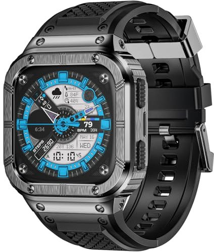 HASLFM Armband Kompatibel mit Fitbit Versa 4/3/2/1 Fitbit Sense 2/1 Versa Lite, Silikon Armband und Edelstahl Schutzhülle, Robustes Ersatzband für Männer, Grau