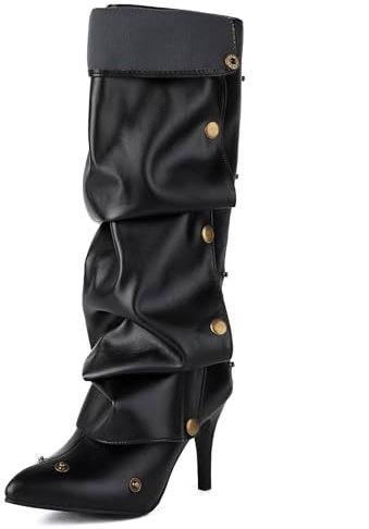 Scarpa Alta Stivali al Ginocchio da Donna Décolleté con Tacco Punta a Punta Tacco a Spillo Bottoni Pantaloni impilati Stivali Altezza Tacco 10 CM