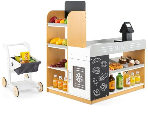 DREAMADE Kaufladen Kinder, Kaufmannsladen aus Holz mit Einkaufswagen, Kreidetafeln & Kasse, Verkaufsstand Supermarkt für Kinder ab 3 Jahren