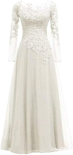 HUINI Tulle Evening Dresses Lace Prom Dresses Long A-Line Bridesmaid Dresses Wedding Dress Vintage Party Dress Long Sleeve, ivory, 12