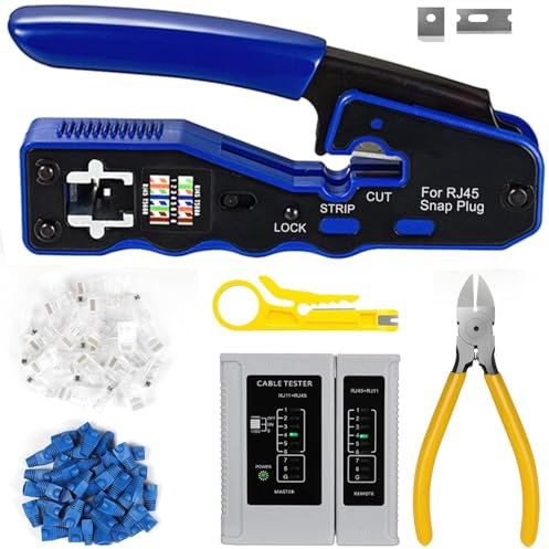 Greluma Kit de herramientas de crimpado RJ45 Pass Through y Cat6 Cat6A Cat5 Cat5e con 20 conectores de paso RJ45 Cat6, 20 cubiertas, 1 comprobador de cable de red, 1 pelacables, 1 cortador