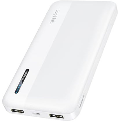 LogiLink PA0338WRF - Powerbank 10.000 mAh mit Schnellladenfunktion, 2X USB-A und 1x USB-C, kompakt und ideal für Unterwegs, Farbe: Weiß