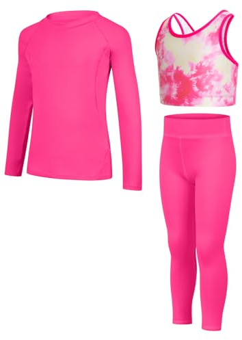 JiAmy Girls Yoga Leggings Girls Athletic Leggings Training Bras Set Kids Gym Crop Tank Top Activewear Set for 5-6 Years Rose Red