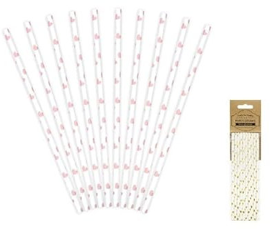 Lot de 3 - Lot de 10 pailles carton blanc avec coeurs rose 19. 5cm