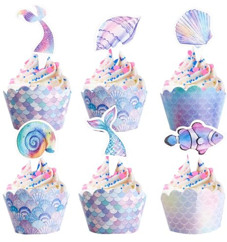 Gleevio Meerjungfrau Tortendeko, 48 Stück Meerjungfrau Cupcake Deko, Kuchen Deko Meerjungfrauen Geburtstagdeko für Cupcake Topper Wrappers, Ozean Tortendeko Meerjungfrauen DekoKindergeburtstag