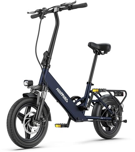 Bicicleta eléctrica HillMiles Mile 1, Batería 36V 10.4AH, Neumático 14'*2.0', Velocidad 25km/h y autonomía 40-65km Bicicleta eléctrica para desplazamientos urbanos, IP65 Impermeable (Azul)