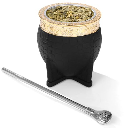 Deskium Tazza Yerba Mate con cannuccia e cucchiaio in acciaio, tazza da tè biologica di zucca, 9,9 x 8,6 cm