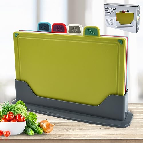 4pcs Food Grade PP Chopping Colour Boards with Stand Cutting, Durable, Scratch-Resistant, Anti-Slip and Dishwasher Safe, Boards Set for Kitchen Cooking Color Coded Chopping Board