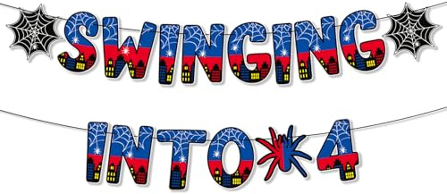 Geburtstags Banner mit Spinnenmotiv, Vorgespanntes und Doppelseitig Bedrucktes Swinging into 4 Banner Kinderparty Dekoration für Jungen und Mädchen (Zahl 4)