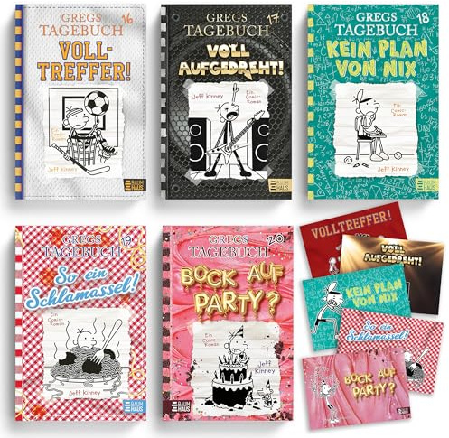 Jeff Kinney Bücherset - Gregs Tagebuch Band 16-20 - Volltreffer, Voll aufgedreht, Kein Plan von nix, So ein Schlamassel, Bock auf Party - Kinderbuch Comic Bestseller mit je einer exklusiven Postkarte