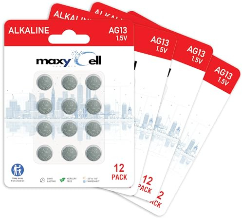 MaxyCell AG13 LR44 Alkaline Button Coin Cell Battery 1.5V Long-Lasting Reliable Power for Watches, Hearing Aids, Calculators, LED Lights, Leak-Proof Design, Long Life CR44 SR44 303 357 675 (48 Pack)