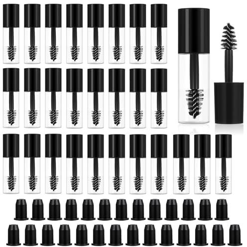 Wanmu 27Pcs Empty Mascara Tubes with Wand, 3ml Mini Eyelash Growth Packing Tube Container with Brush Rubber Inserts, Leak-Proof Small Sample Size Cream Bottles for Castor Oil Home Travel (Black)