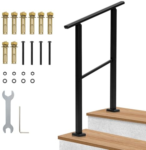 RBFGYIOP Corrimano in ferro battuto per scale esterne – Sicurezza per 1-2 gradini – Ideale per terrazzi, scale in cemento o legno – Kit di installazione incluso – Nero, 660x990 mm