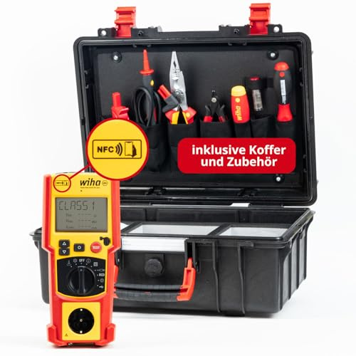 Wiha Gerätetester Set PAT one – Messgerät für Geräteprüfung | (47220) nach DIN VDE 0701/0702 | KI‑Bilderkennung & NFC‑Dokumentation, Auto‑Test FI/RCD‑Prüfung, in Koffer inkl. VDE Werkzeug