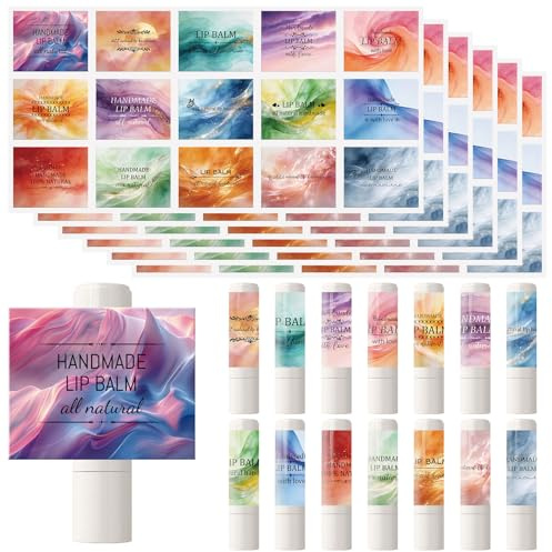 WANDIC 90 Stück Lippen Balsam Etiketten, 6 Blätter UV Lippen Aufkleber wasserdichte Transfer Aufkleber für Chapstick Röhren, 15 Designstile, 15x30cm